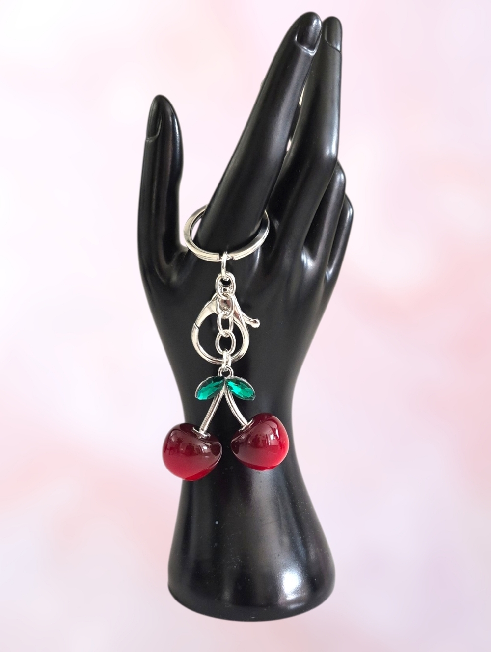 Variegated Red Cherry Bag Charm / Keychain - Silver